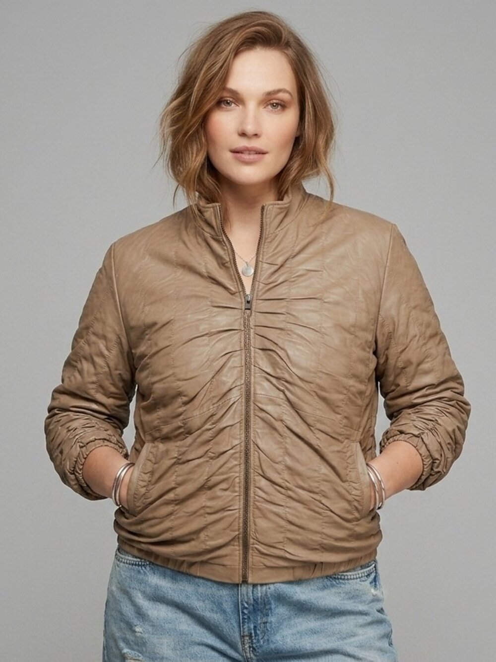 L Vintage 00s Albert Duke Beige Soft Leather Ruched Bomber Jacket Coat 90s Y2K